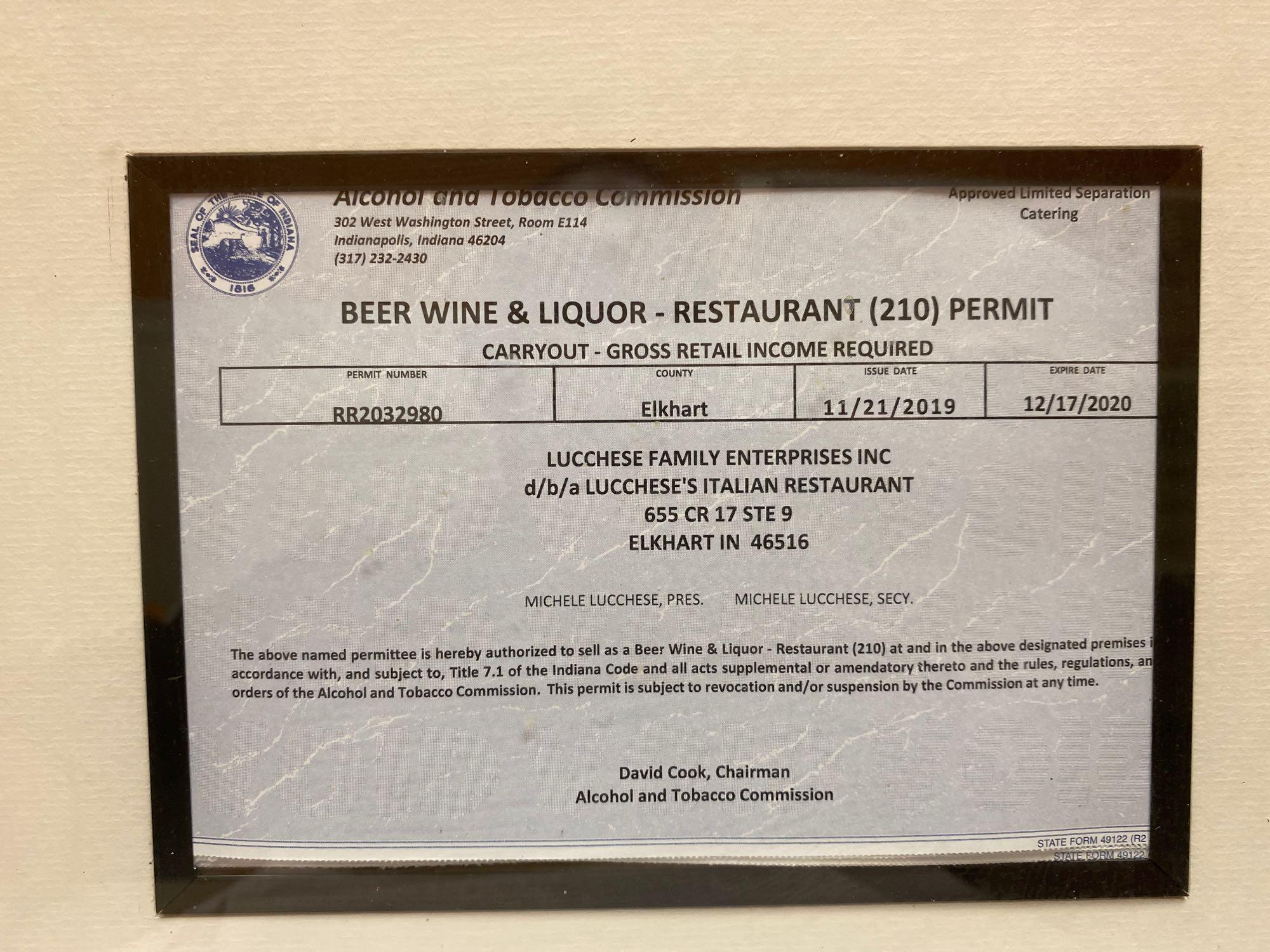 alcohol and tobacco license 3-way Type 210 Elkhart City Alcohol Sale License