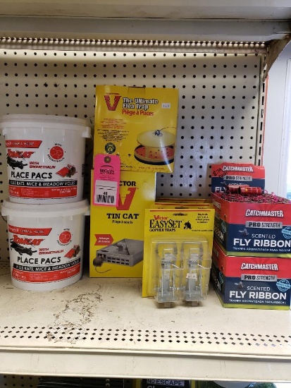 Large assortment of rodent, flea, and fly killer, traps, etc. New.