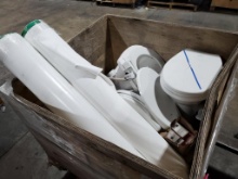 Crate of RV Toilets, Rolls of Flexible White Vinyl Material and Senco Galvanized Fasteners