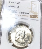 1948-D Franklin Half Dollar NGC - MS 64 FBL
