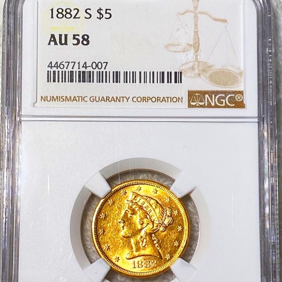 1882-S $5 Gold Half Eagle NGC - AU58