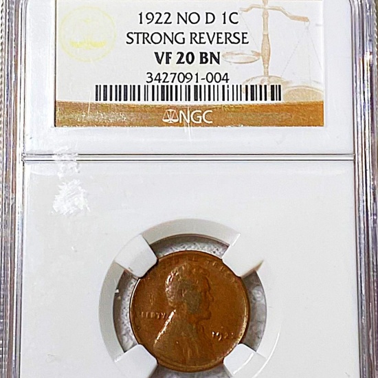 1922 "NO D" Lincoln Wheat Penny NGC - VF 20 BN