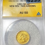 1861 $2.50 Quarter Eagle ANACS - AU50 Thin Arrows