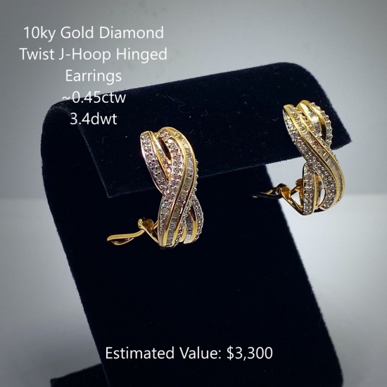 10kt Dia. Twist J-Hoop Hinged Earrings, ~0.45ctw