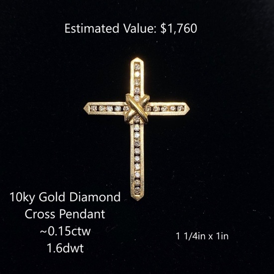 10kt Diamond Cross Pendant, ~0.15ctw, 1.6dwt