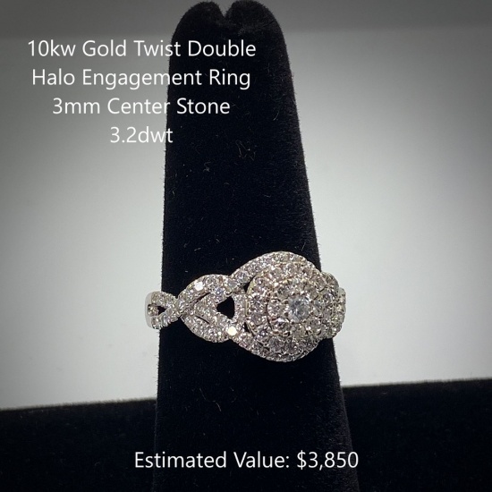 10kt Double Halo Dia. Engagement Ring 3mm Center