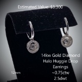 14kt Diamond Halo Huggie Drop Earrings, ~0.75ctw