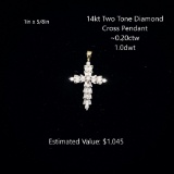 14kt Two Tone Diamond Cross Pendant, ~0.20ctw
