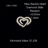 14kt Double Heart Diamond Slide Pendant, ~0.20ctw
