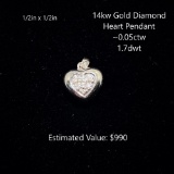 14kt Diamond Heart Pendant, ~0.05ctw, 1.7dwt