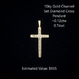 10kt Channel Set Diamond Cross Pendant, ~0.12ctw