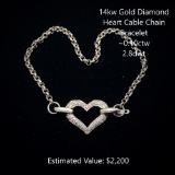 14kt Diamond Heart Cable Chain Bracelet, ~0.10ctw