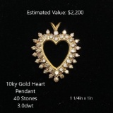 10kt Gold Heart Pendant, 40 Stones, 3.0dwt