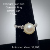 Platinum 10mm Pearl and Diamond Ring 3.5dwt