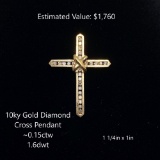 10kt Diamond Cross Pendant, ~0.15ctw, 1.6dwt