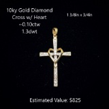 10kt Diamond Cross w/ Heart Pendant, ~0.10ctw