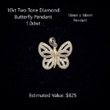 10kt Two Tone Diamond Butterfly Pendant, 1.0dwt