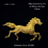 18kt Gold Horse Pin w/ Ruby-Like Eye, 7.9dwt