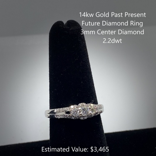 14kt Past Present Future Diamond Ring, 3mm Center