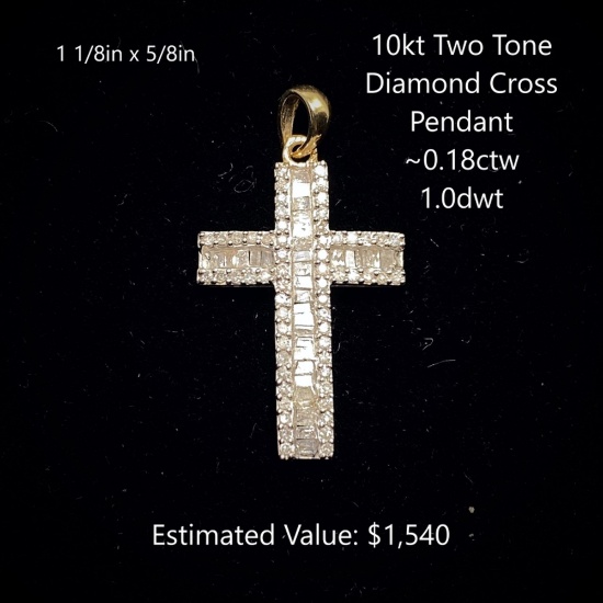10kt Two Tone Diamond Cross Pendant, ~0.18ctw