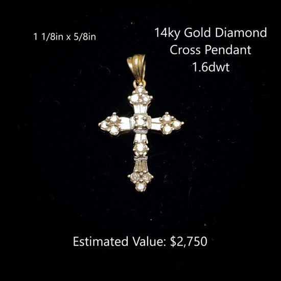 14kt Gold Diamond Cross Pendant, 1.6dwt