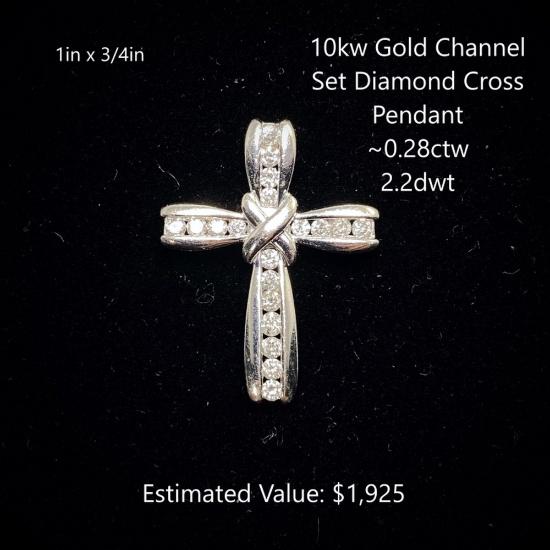 10kt Channel Set Diamond Cross Pendant, ~0.28ctw