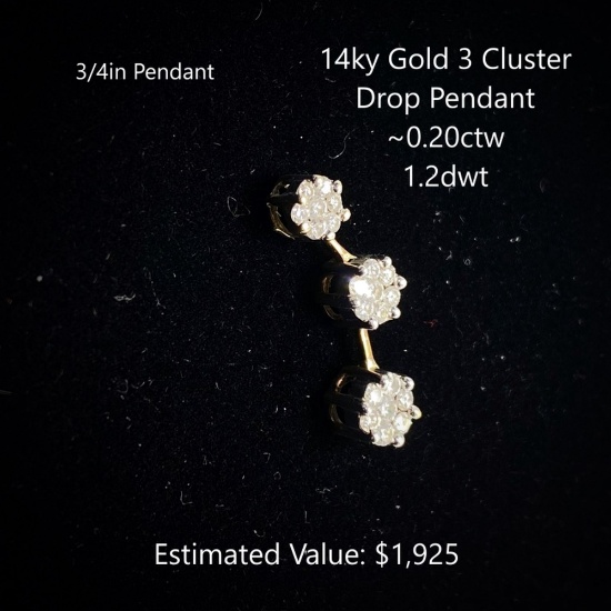 14kt 3 Cluster Diamond Drop Pendant, ~0.20ctw