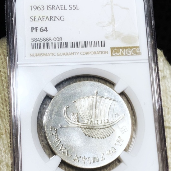 1963 Israel Seafaring Silver 5 Lirot NGC - PF64