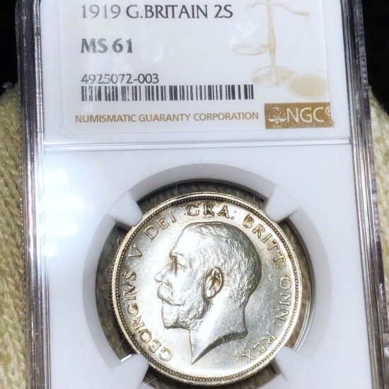 1919 Great Britain Silver 2 Shillings NGC - MS61