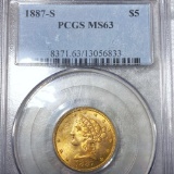 1887-S $5 Gold Half Eagle PCGS - MS63