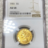 1901 $5 Gold Half Eagle NGC - AU 58