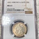 1853 Seated Quarter NGC - MS61 ARROWS & RAYS