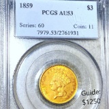 1859 $3 Gold Piece PCGS - AU53