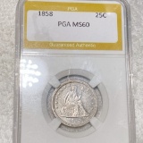 1858 Seated Liberty Quarter PGA - MS60