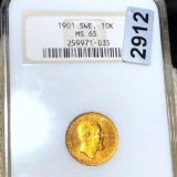 1901 Swedish Gold 10 Krona NGC - MS65