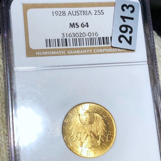 1928 Austria Gold 25 Schilling NGC - MS64