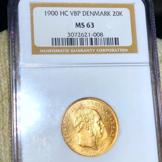 1900 Denmark Gold 20 Kroner NGC - MS63