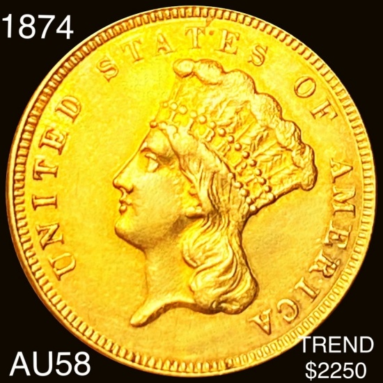 1874 $3 Gold Piece CHOICE AU