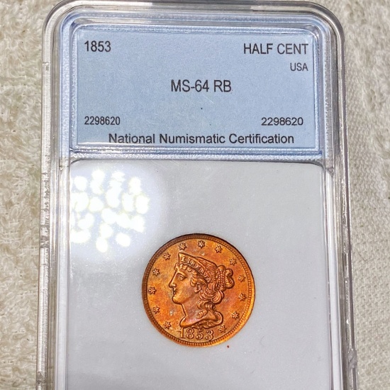 1853 Braided Hair Half Cent NNC - MS 64 RB