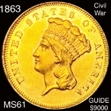 1863 $3 Gold Piece UNCIRCULATED