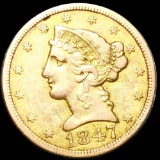 1847 $5 Gold Half Eagle AU+