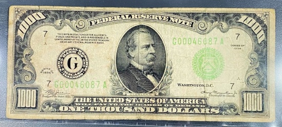 1934 US $1000 Green Seal Bill NEARLY UNC