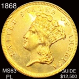 1868 $3 Gold Piece CHOICE BU PL