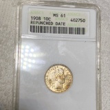 1908 Barber Silver Dime ANACS - MS61 REPUNCHED DT
