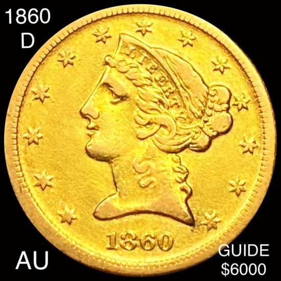 1860-D $5 Gold Half Eagle AU