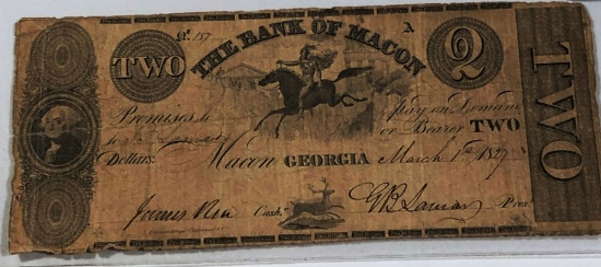 1827 $2 Bank Of Macon Bill LIGHTLY CIRCULATED