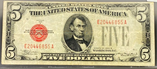 1928 US $5 Red Seal Bill ABOUT UNCIRCULATED