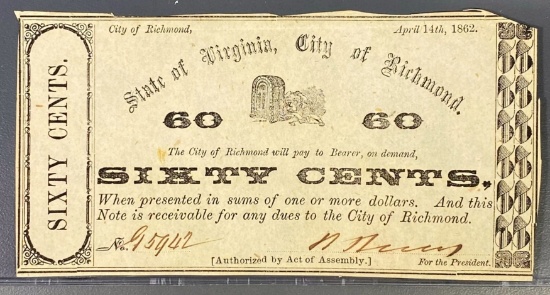 1862 State Of Virginia 60 Cent Bill UNCIRCULATED