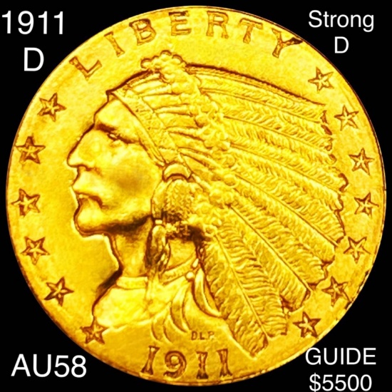1911-D "STRNG D" $2.50 Gold Quarter Eagle CH AU