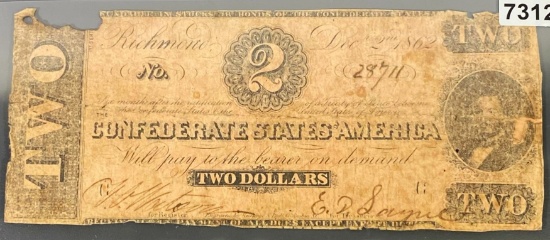 1862 $2 Confederate Bill NICELY CIRCULATED